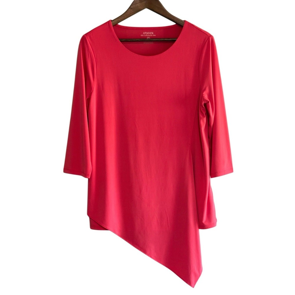 Chicos Size 1 (Medium 8) Asymmetric Hem Tunic Top Flowy Stretch Knit 3/4 Sleeve